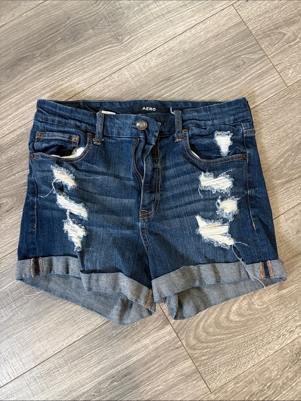 Aeropostale Dark Blue Distressed Roll-Cuff Denim Shorts